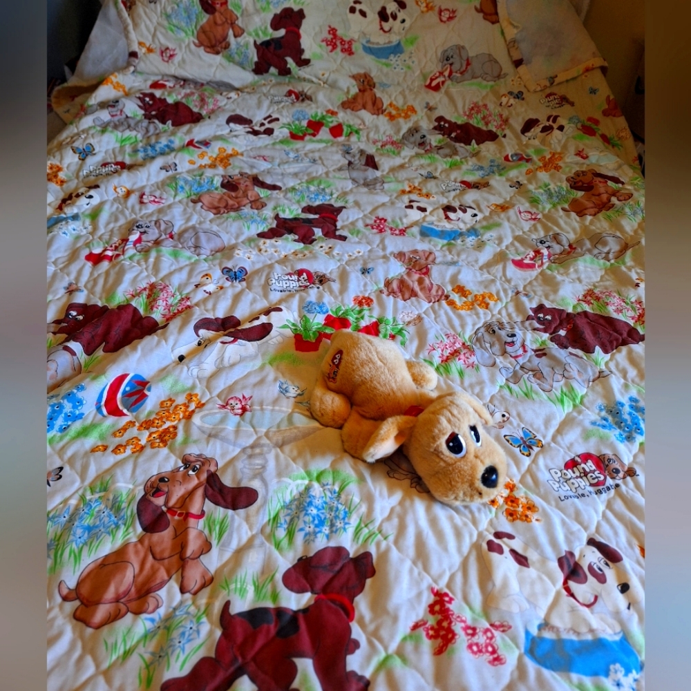 Vintage Pound Puppy Bedspread 1985 Retro  Twin & Pound Puppy Battery Toy